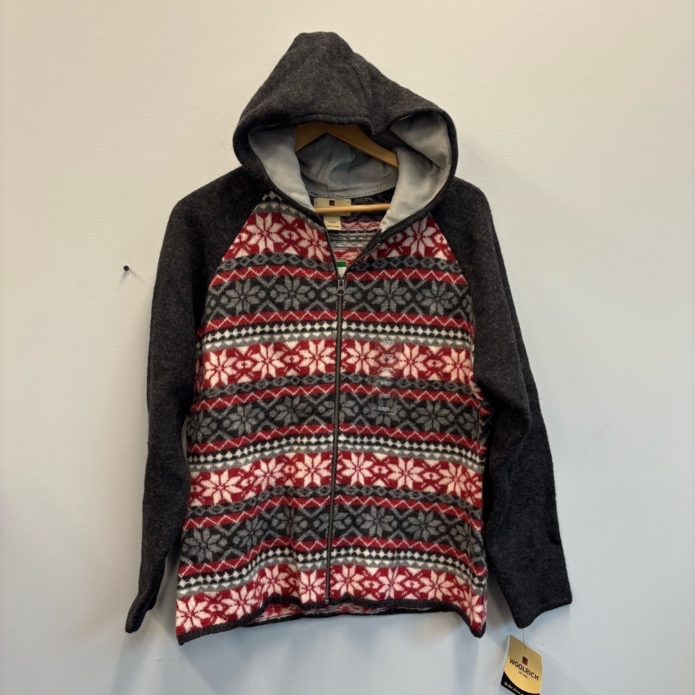 Woolrich Large Sweater Hooded Cardigan Twin Lake Fair Isle Nordic Wool Full Zip‎